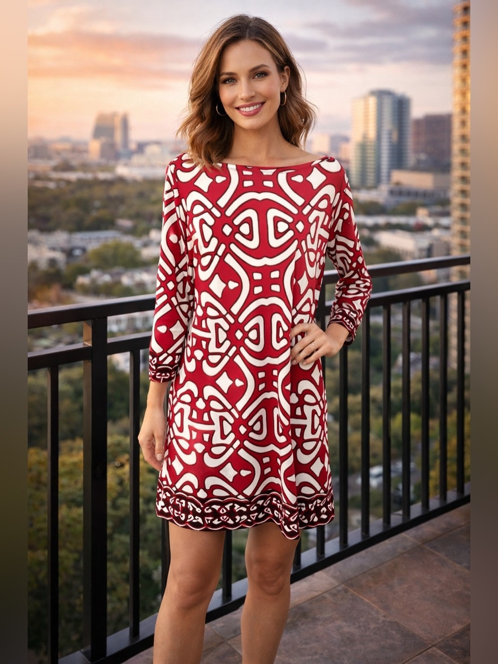 LAUNDRY BY DESIGN Geometric Print Sheath Dress Sz 10 Mod Retro Jersey Stretch
